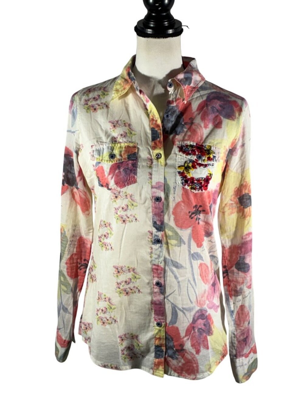 Desigual Womens Floral Button-Up Shirt Embroidered Pocket Long Sleeve Lightweigh